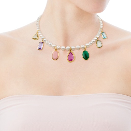 Gold Gem Power Necklace with Pearls and seven multicolor Gemstones. 17 27/50