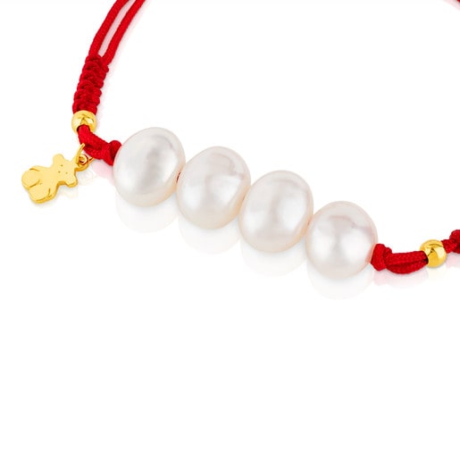 Tous Nudos - Bransoletka z pereł, żółtego srebra Vermeil i czerwonego, plecionego sznurka