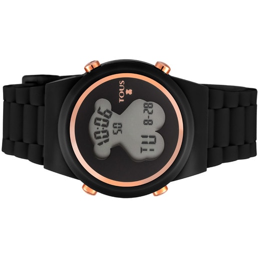 Ψηφιακό ρολόι D-Bear από ατσάλι με επιμετάλλωση σε ροζ χρώμα και λουράκι από Σιλικόνη σε μαύρο χρώμα