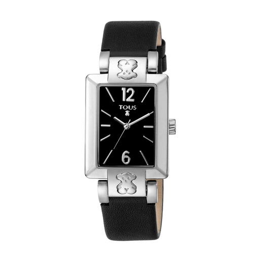 Steel Plate SQ Watch with black Leather strap