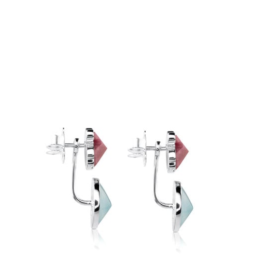 Silver Tack Cónica Earrings with Rhodonite and Quartz