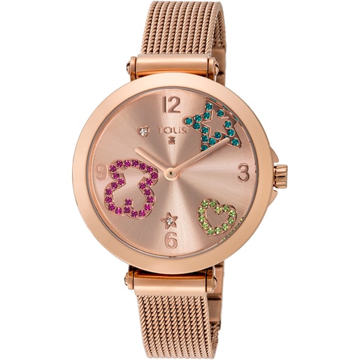 Tous Mesh Icon - Zegarek ze stali szlachetnej w kolorze różowego złota z kolorowymi kryształkami