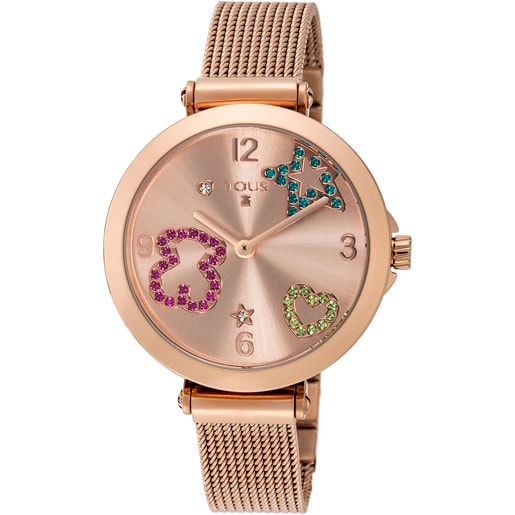 Reloj Icon Mesh de acero IP rosado con cristales