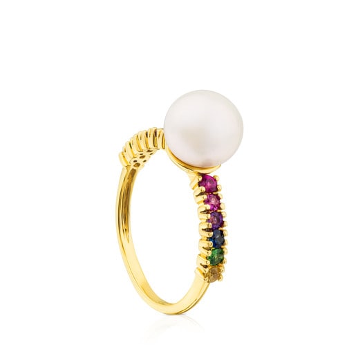 Gold Lio Ring with Gems and Pearl
