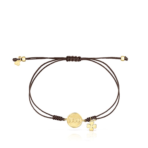 Gold TOUS Good Vibes Mama Bracelet with Diamonds and brown Cord