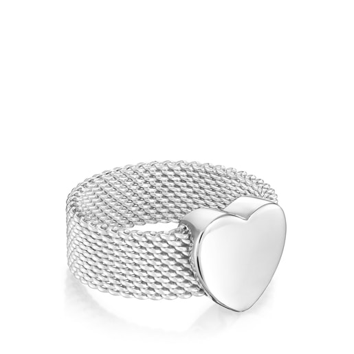 Steel and Silver Mesh heart Ring TOUS