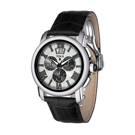 Reloj Born bicolor acero/IP negro con correa de piel negra