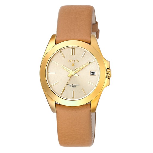 Gold IP Steel Drive 34 Watch with make-up Leather strap