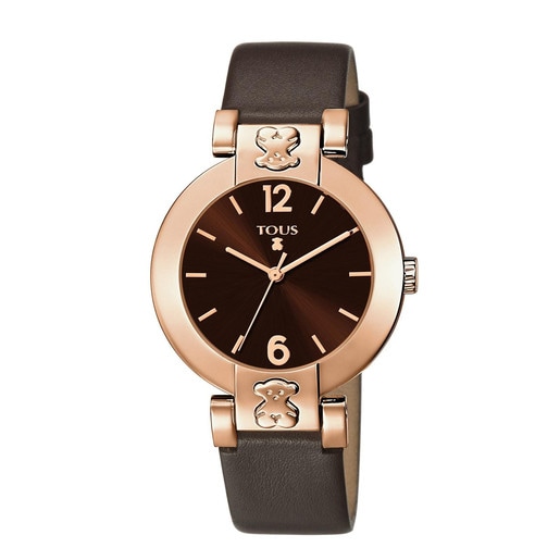 Pink IP Steel Plate Round Watch with brown Leather strap