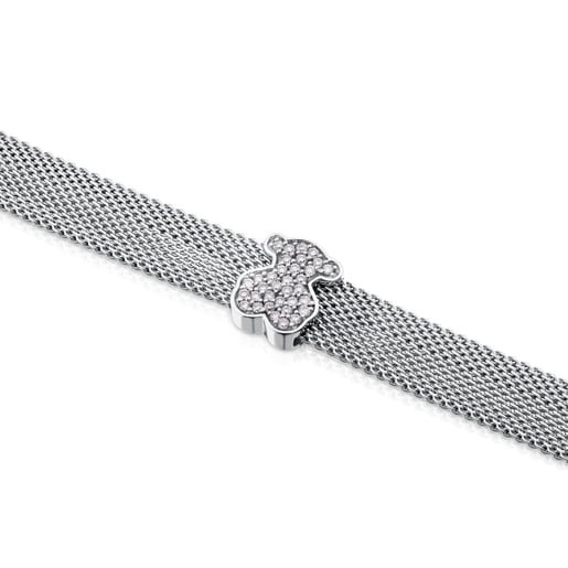 Steel and White gold TOUS Icon Mesh Bracelet with Diamonds Bear motif 0,8cm. 0,20ct