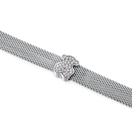 Pulsera de acero y oro blanco con diamantes motivo oso 0,8cm. 0,20ct Icon Mesh