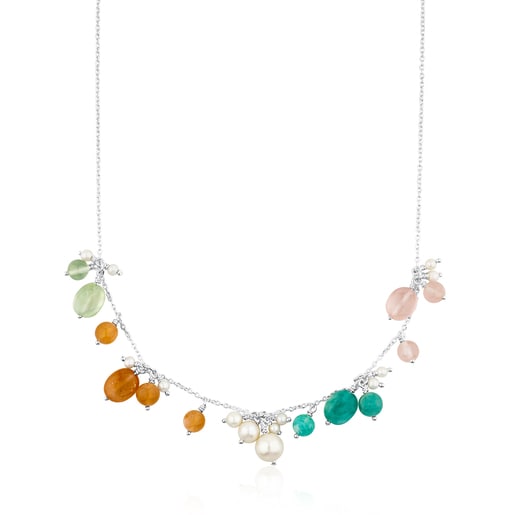 Amelie Necklace in Silver with Beryl, Pink Quartz and Pearl