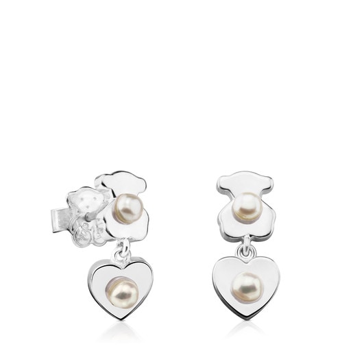 Silver TOUS Super Power Earrings with Pearls Bear and Heart motifs