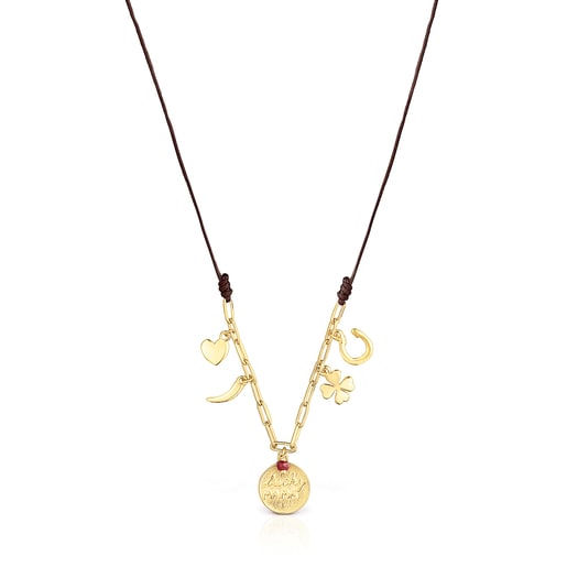 Collier TOUS Good Vibes Mama en Argent Vermeil, Rubis et Cordon marron