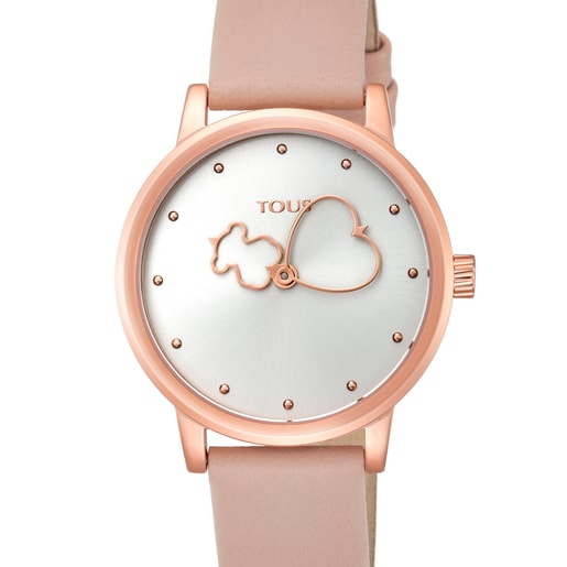 Rose IP steel Bear Time Watch with nude Leather strap
