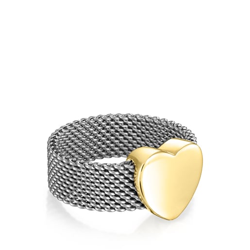 Steel and Gold Mesh heart Ring TOUS