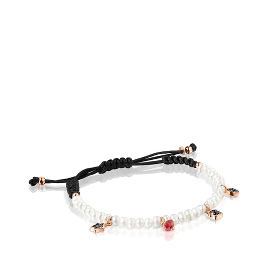 Pulsera Motif de Perlas y Cordón negro con con baño de oro rosa 18 kt sobre plata y Gemas