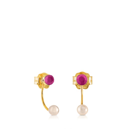 Gold Mini Bright Earrings with Pearl, Ruby and Mother of Pearl