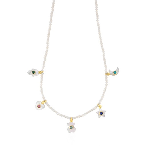 Halskette Super Power aus Perlen mit Gold und Edelsteinen