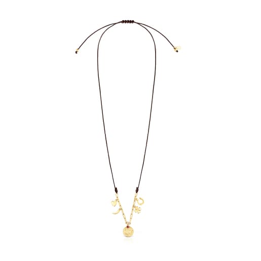 Collier TOUS Good Vibes Mama en Argent Vermeil, Rubis et Cordon marron