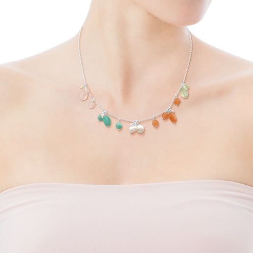 Collar Amelie de Plata con Amazonita, Piedra luna, Cuarzo rosa, Prehnita y Perla cultivada