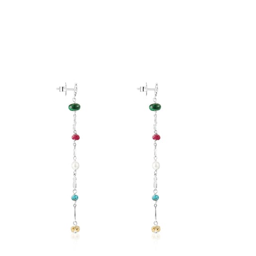 Long Silver Fragile Nature Earrings with Gemstones