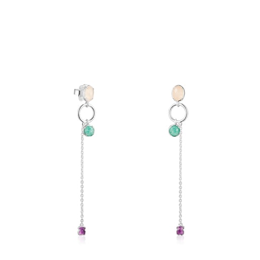 Long Silver and Gemstones Cool Color Earrings