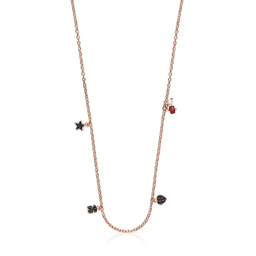 Collier Motif en Or Vermeil rose avec Spinelles, Rubis et Perle