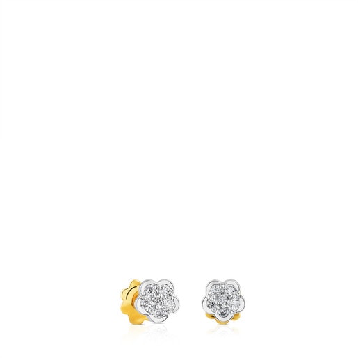 Gold Puppies Earrings with Diamonds Flower motif