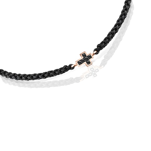 Pulsera Motif cruz con baño de oro rosa 18 kt sobre plata con Espinelas y Cordón negro