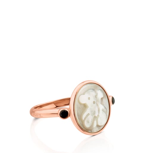 Rose Vermeil Silver Camee Ring with Mother-of-Pearl and Spinel