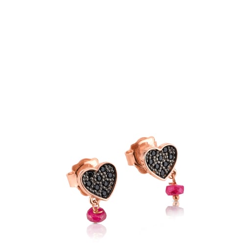 Rose Vermeil Silver TOUS Motif Earrings with Spinel and Ruby and Heart motif
