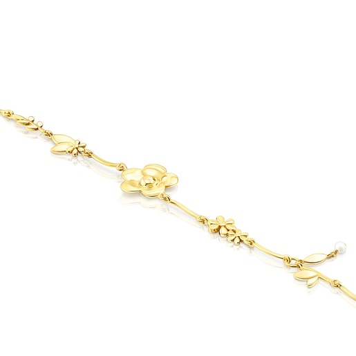 Pulsera flores con baño de oro 18 kt sobre plata y perla Fragile Nature