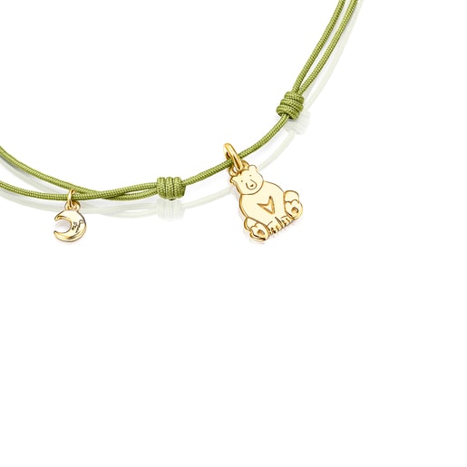 Pulsera Save oso con baño de oro 18 kt sobre plata y Cordón verde