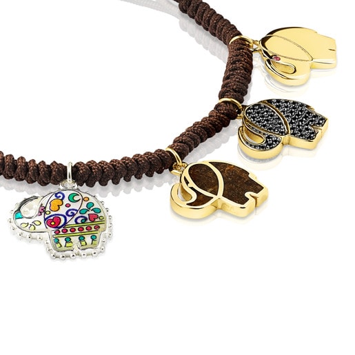 Armband Mi Talisman aus Silber, Vermeil-Gold und Vermeil-Roségold mit Edelsteinen und brauner Kordel
