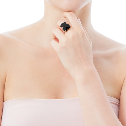 Rose Vermeil Silver TOUS Erma Ring with 1,2cm. Onyx Bear motif