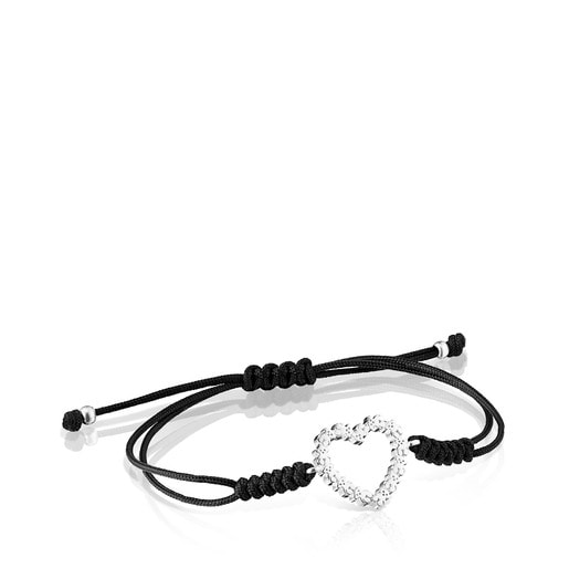 Herz-Armband San Valentín aus Silber mit schwarzer Kordel