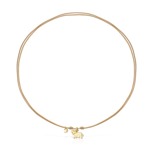 Collar Save leon con bano de oro 18 kt sobre plata y Cordon beige