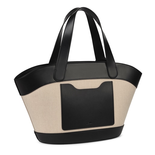 Beige and black T Cotton tote bag