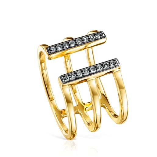 Tous Nocturne - Otwarty pierścionek z żółtego srebra Vermeil oraz ciemnego srebra z diamentami