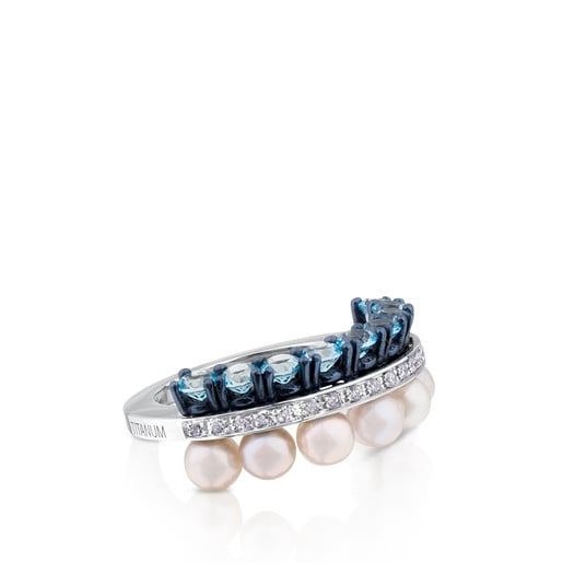Titanium and White Gold Layers Ring with Topaz and Pearls.