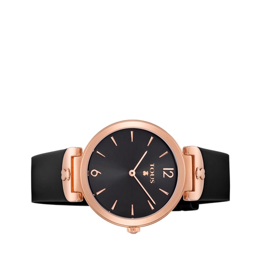 Reloj analógico S-Mesh de acero IP rosado con correa de silicona negra