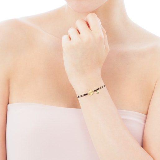 Gold TOUS Good Vibes Mama Bracelet with Diamonds and brown Cord