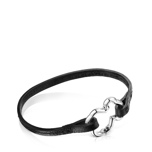 Bären-Armband Hold aus Silber mit schwarzer Kordel