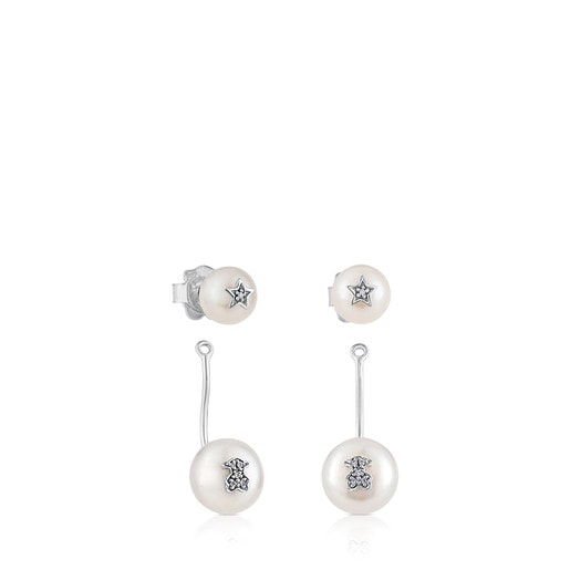 White Gold Puppies Earrings with Diamond and Pearl Bear and Star motifs