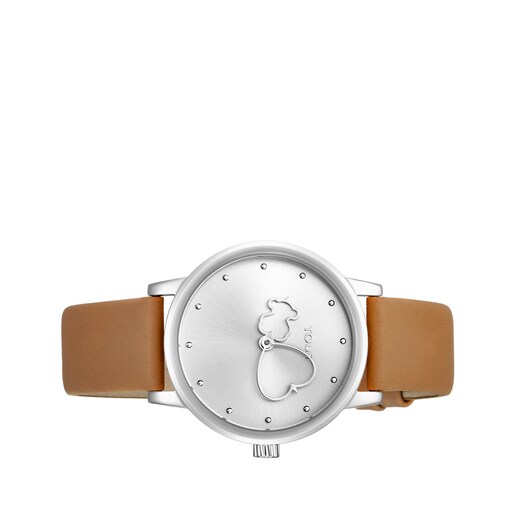 Montre Bear Time en acier avec bracelet en cuir marron