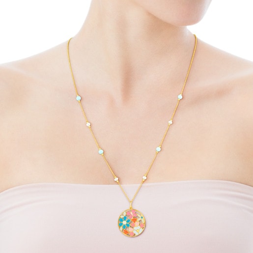 Vermeil Silver Bliss Necklace with Turquoises, Pearl and Enamel