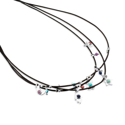 Leather Super Power Necklace with Silver and Gemstones