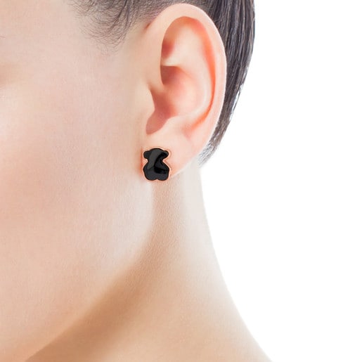 Rose Vermeil Silver TOUS Motif Earrings with faceted Onyx