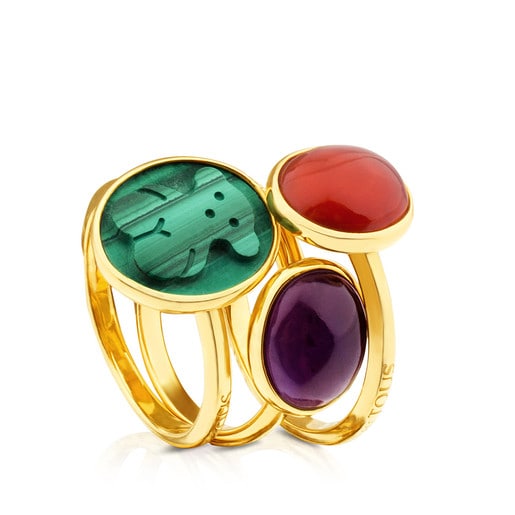 Pack of Vermeil Silver TOUS Camee Rings with Malachite, Carnelian and Amethyst
